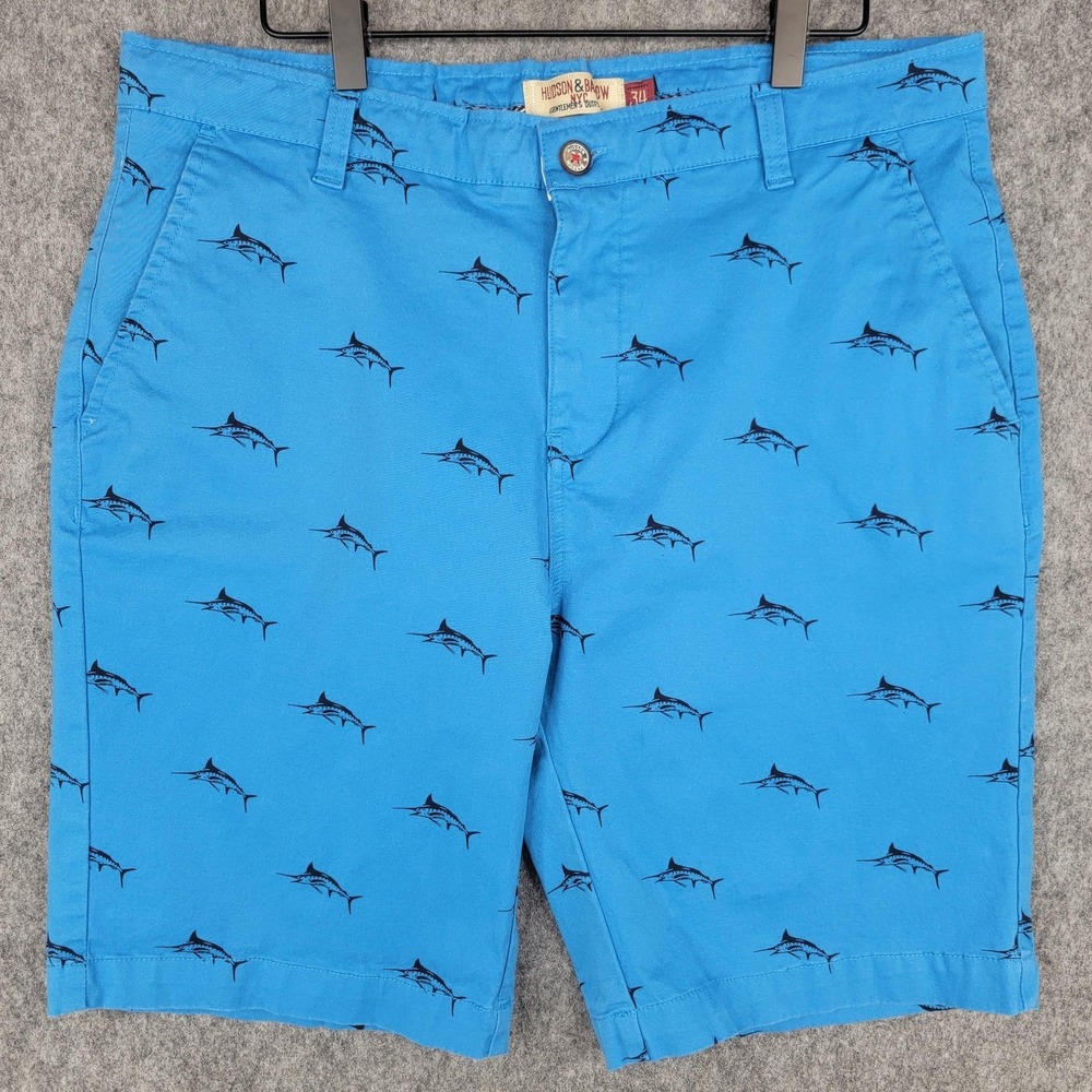 Hudson & Barrow Shorts‎ Mens 34 Blue Marlin Fish Print Chino Casual Cotton Beach
